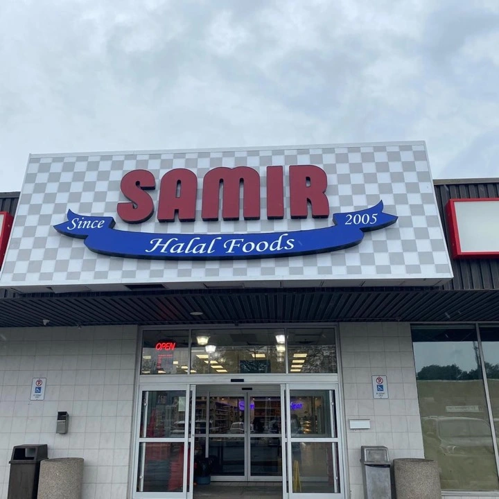 Samir Halal Foods dimensional letters with formed banner storefront