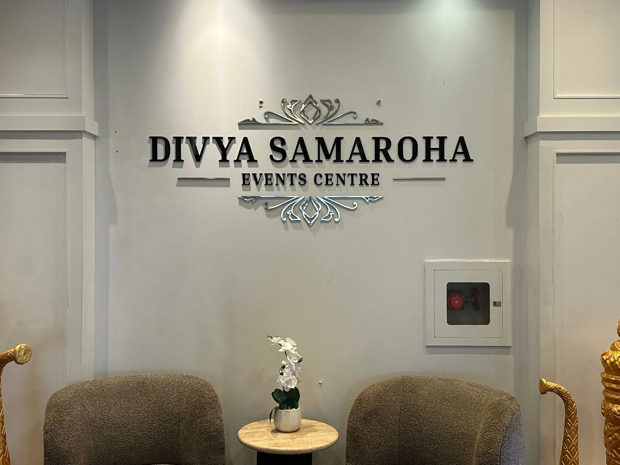 Divya Samaroha Events Centre acrylic lettering with mirrored flourish