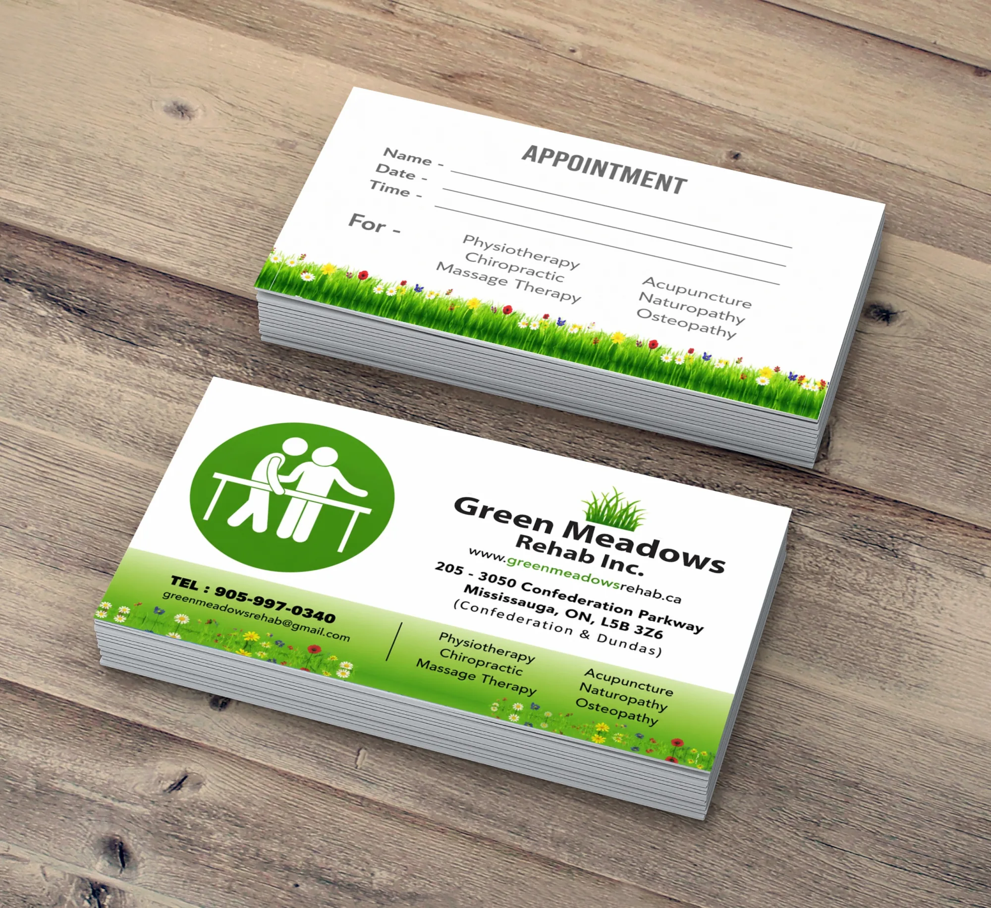 Green Meadows Rehab appointment and business cards printed