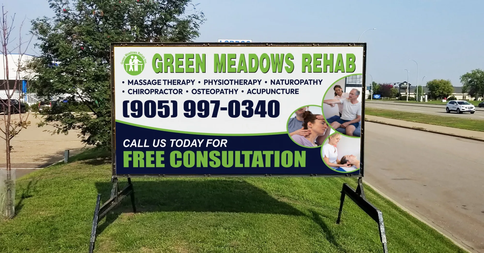 Green Meadows Rehab printed portable outdoor road sign on grass
